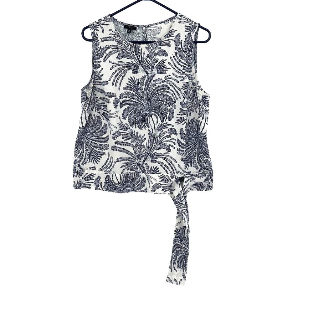 Talbots Size 14 Petite Tank Blue White‎ Floral Leaves Sleeveless Waist Tie Round